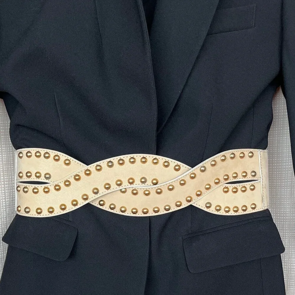 Vintage Wide Statement Suede Leather Corset Belt Gold Studs Boho Maximalist
